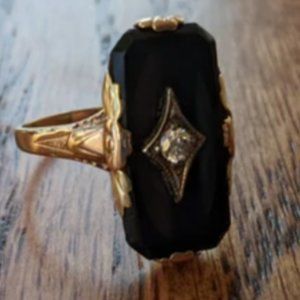 Vintage art deco engagement black onyx & diamond 10kt ring